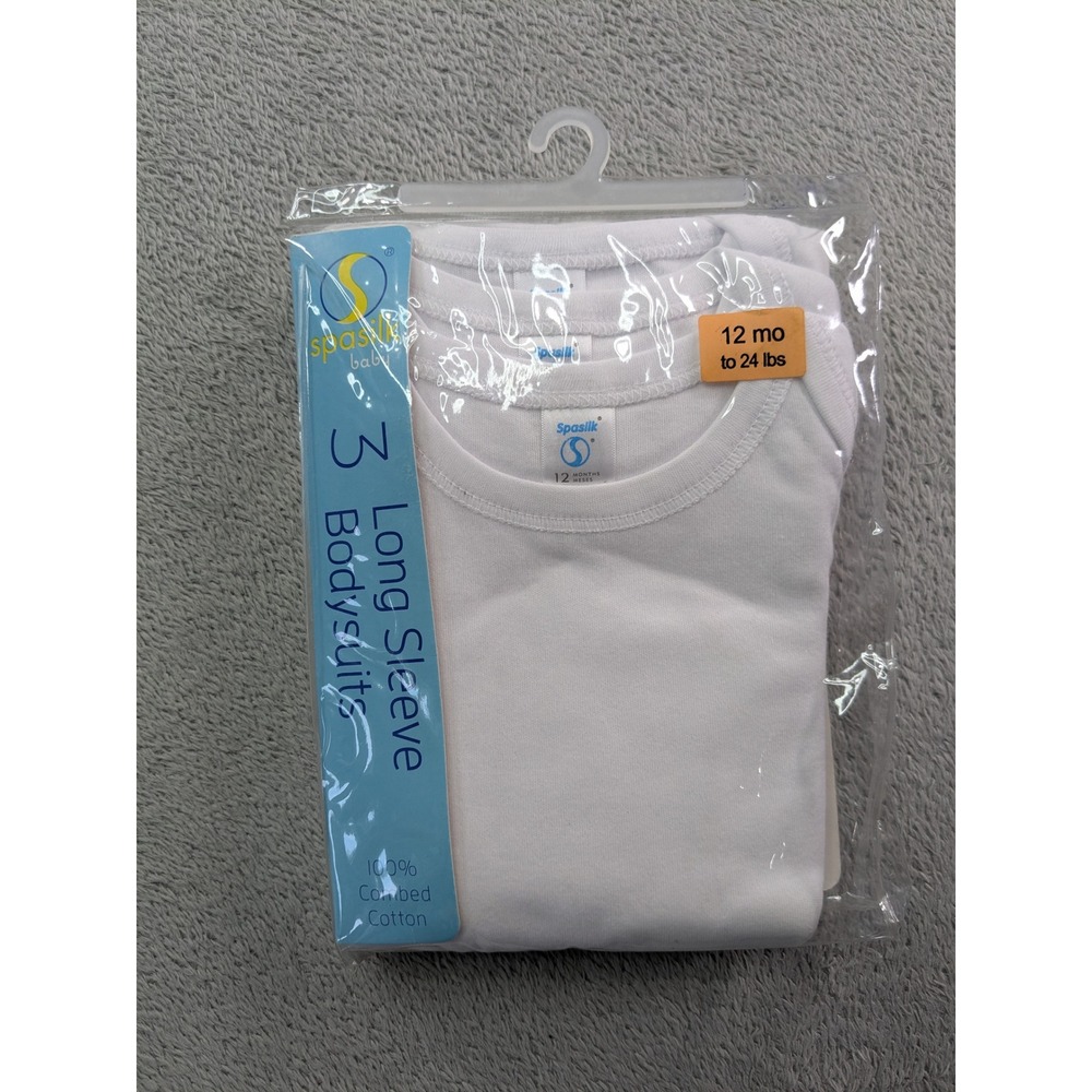 Spasilk Baby 3 Pack Long Sleeve Bodysuits White 100% Combed Cotton 12 M 24lbs